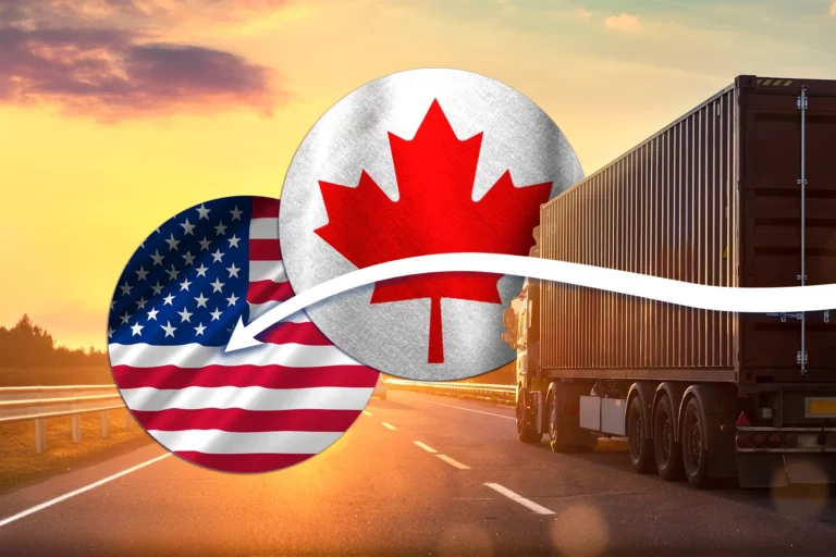 Canada and U.S. flags with a transport truck representing cross-border trade and U.S. market expansion.