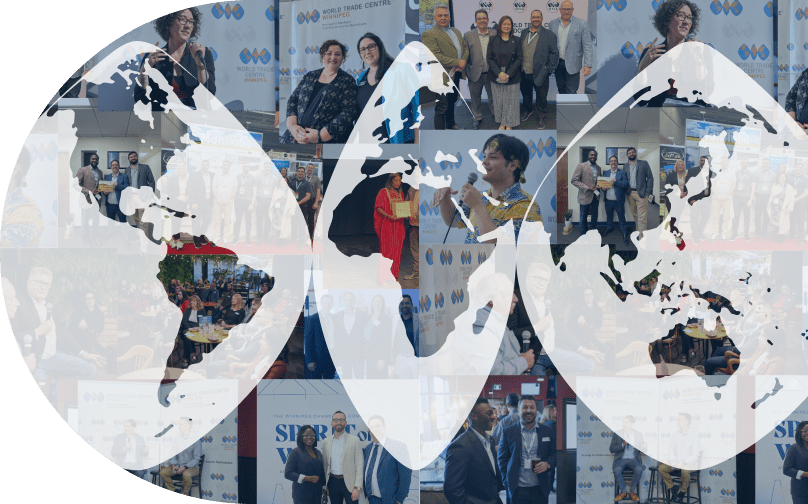 World Trade Centre Winnipeg global network graphic with event and business community photos.