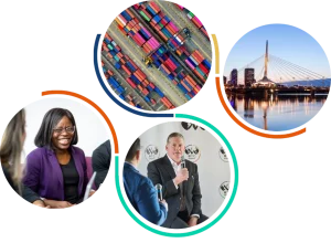 WTC Winnipeg homepage graphic featuring Trade Advisor Yewande Olubowale, MoveMobility CEO Richard Jones, shipping containers and the Winnipeg skyline.