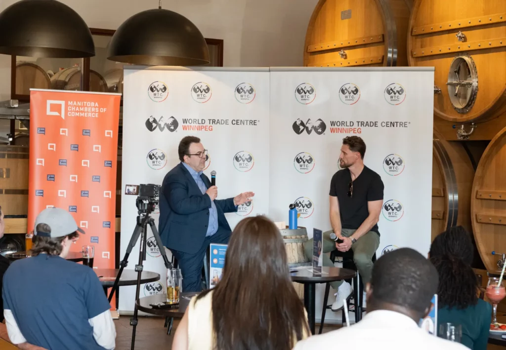 Andre Brin interviews David Peters of ConstructionClock at WTC Talks, a WTC Winnipeg business networking event.