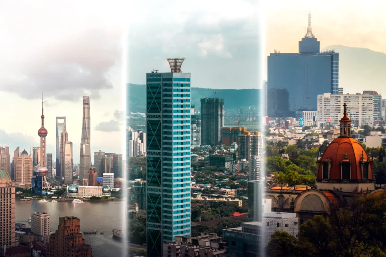 Collage of business districts: Shanghai, China; Mumbai, India; Mexico City, Mexico.