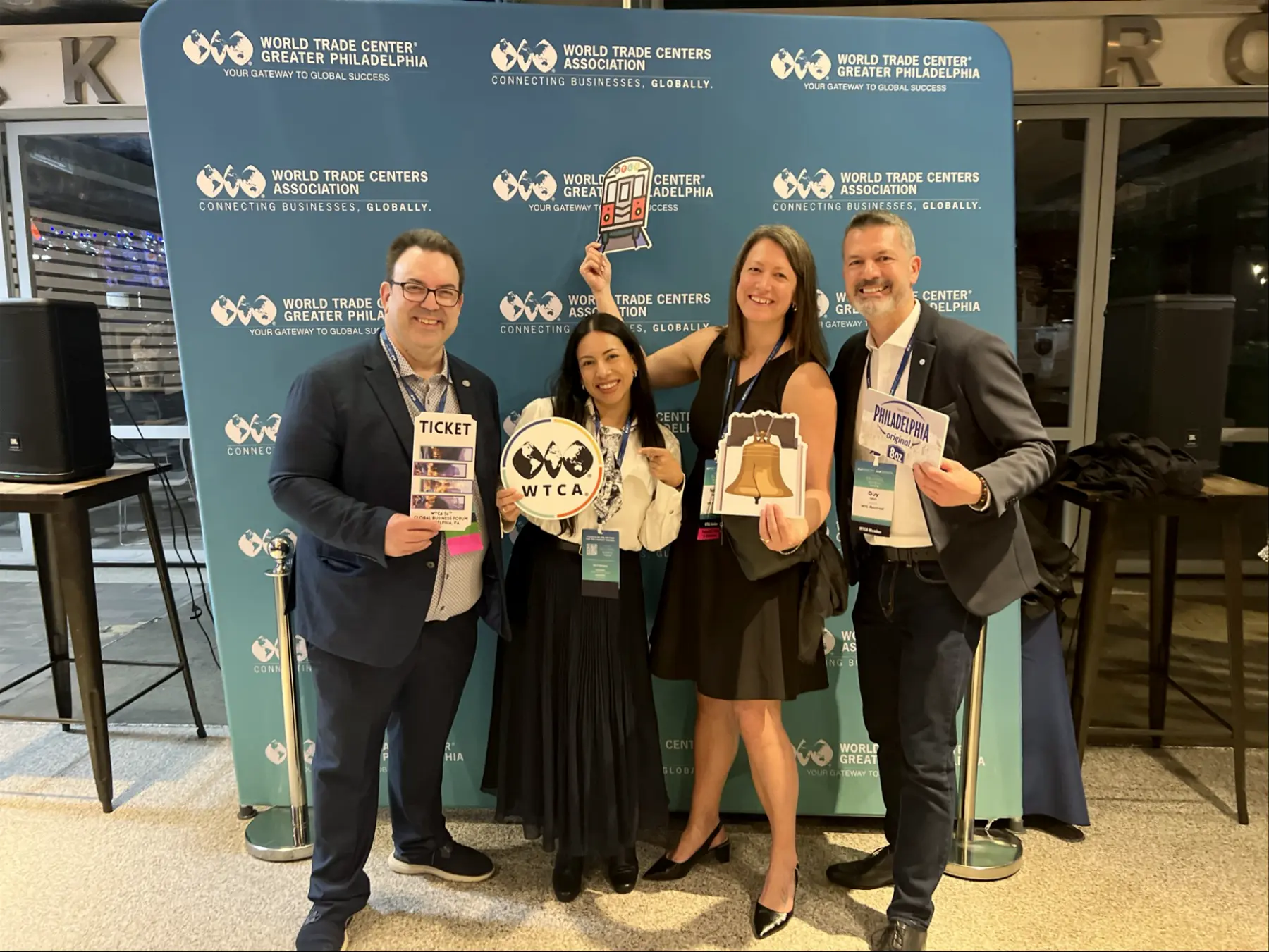 André Brin and Natalie Beaudry of WTC Winnipeg in a group photo with other attendees at the 2026 WTCA Global Business Forum in Philadelphia.