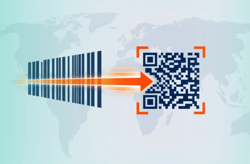 1D barcode transforming into a 2D barcode for a webinar on next-generation barcodes and global trade.