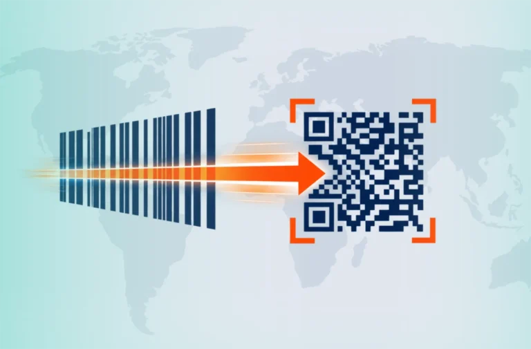1D barcode transforming into a 2D barcode for a webinar on next-generation barcodes and global trade.